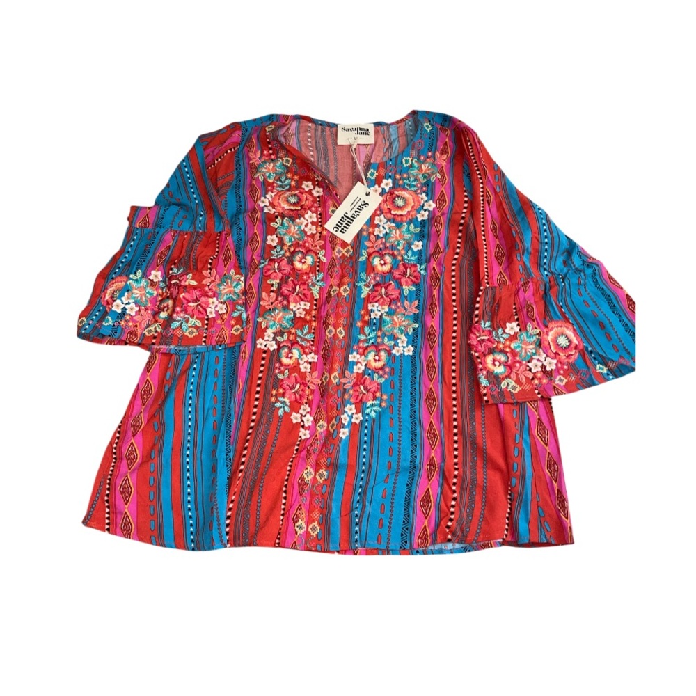 Savanna Jane Teal & Coral Floral Embroidered Tunic - Picture 3 of 7